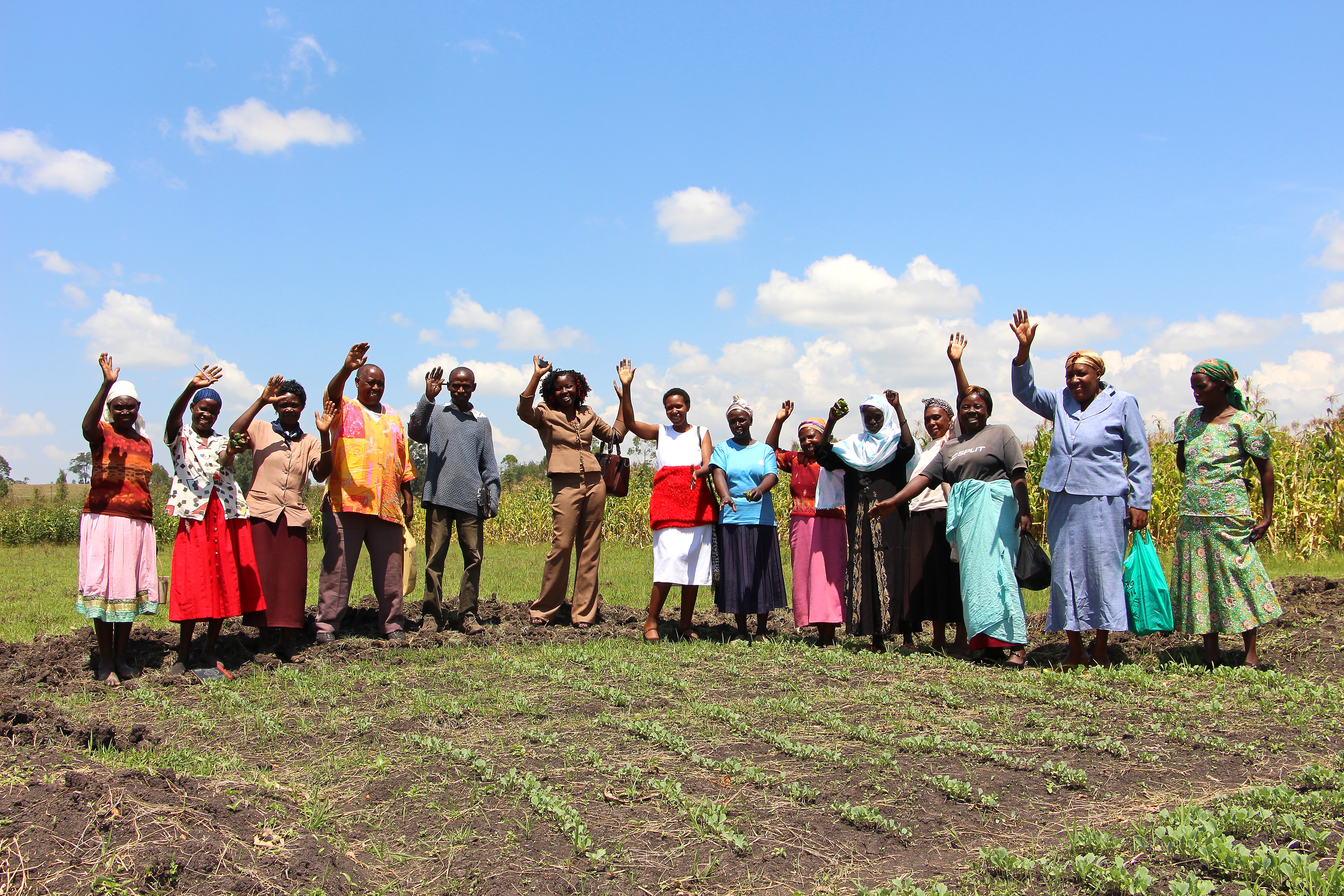 Village Enterprise Tujiinue business savings group wave next to their cabbage fields.